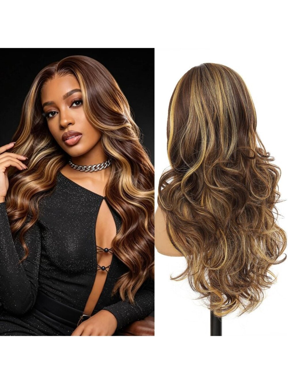 Women's Blonde Highlight Heat Resistant Synthetic Layered Modern Long Wavy Wigs